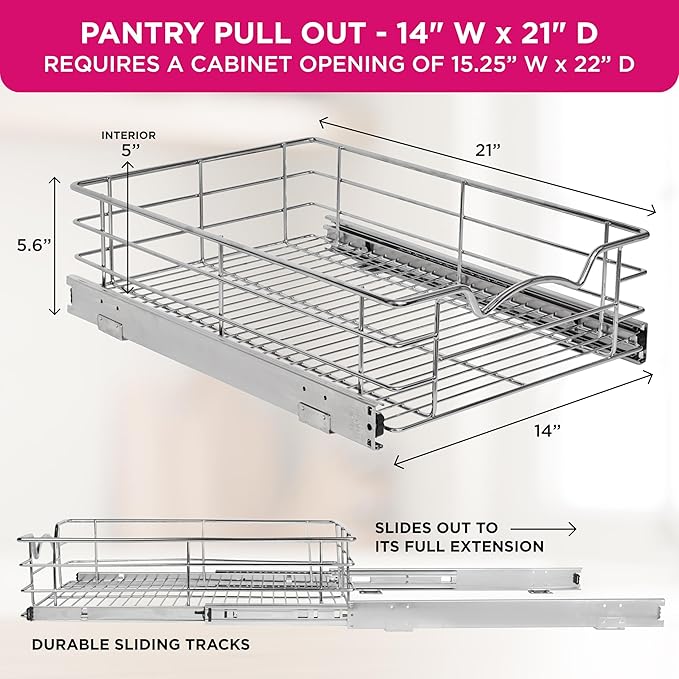 HOLDN’ STORAGE Heavy-Duty Premium Collection Pull Out Cabinet Organizer, Cabinet Drawer Slide Outs, Lifetime Limited Warranty - Basket Size 14" W x 21" D x 5" H, Anti-Rust Chrome Finish