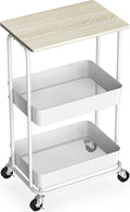 Simple Houseware 2-Tier Rolling Utility Cart with Lockable Wheels and Wood Top, Metal Storage Organizer Trolley for Kitchen, Bathroom, Office, Craft Room, Maple