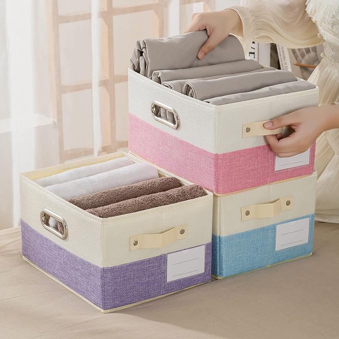 PRANDOM Fodable Storage Bins for Closet [3-pack] Decorative Fabric Storage Baskets Cubes with Leather/Metal Handles for Shelves Bedroom Living Room Purple&Cream (11.5x8.5x6.7 Inch)