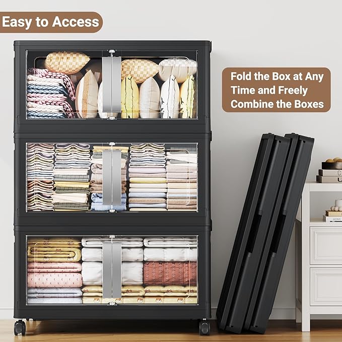 BROVIEW 480QT Stackable Storage Bins with Lids, 120Gal Extra Large Collapsible Storage Box with Wheel, Plastic Storages with Clear Door Open Front for Home Kitchen Garage, Black-3pack(3 lids)