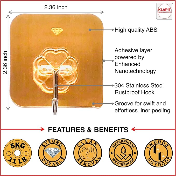 KLAPiT Super Hook - Heavy-Duty Adhesive Gold Wall Hooks, Holds Up to 11 lbs, Waterproof, No Damage, Easy Install on Tile, Wood, Stone, Glass & Metal - Made of Steel (Gold, 24pc)