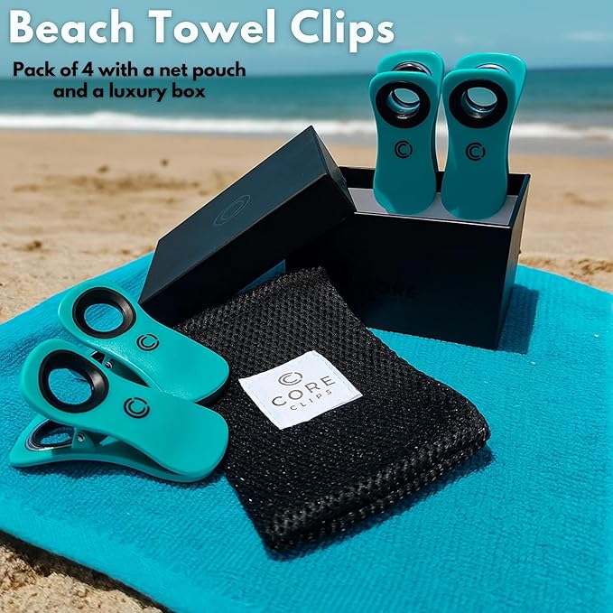 CoreClips Towel Clips for Beach Chairs - Set of 4 Pool Towel Holder Clips for Lounge Chairs on Cruise, Large 2.5” Opening Heavy Duty Clip for Towels on Boat Loungers with Travel Pouch - Turquoise