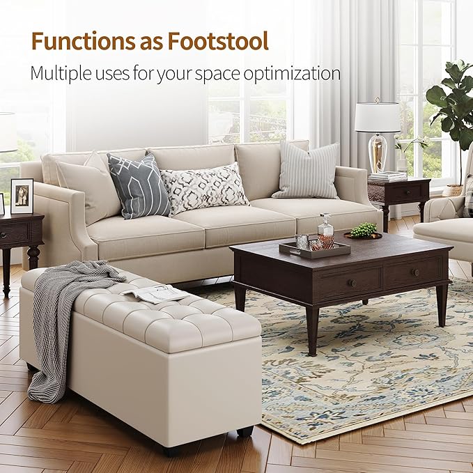 Small 38 Inches Long White Ottoman Bench with Storage,Footstool Furniture End of Bed Benches,Faux Leather Ottomans and Seat for Foot Rest in Bedroom, Living Room, Entryway