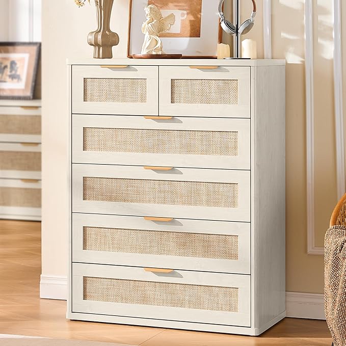 LEYAOYAO White Dresser for Bedroom Set of 2, 42" Tall Chest of Drawers, Modern 6 Drawers Boho Rattan Dressers with Storage, Dresser Wooden Closet Organizer for Living Room, Hallway