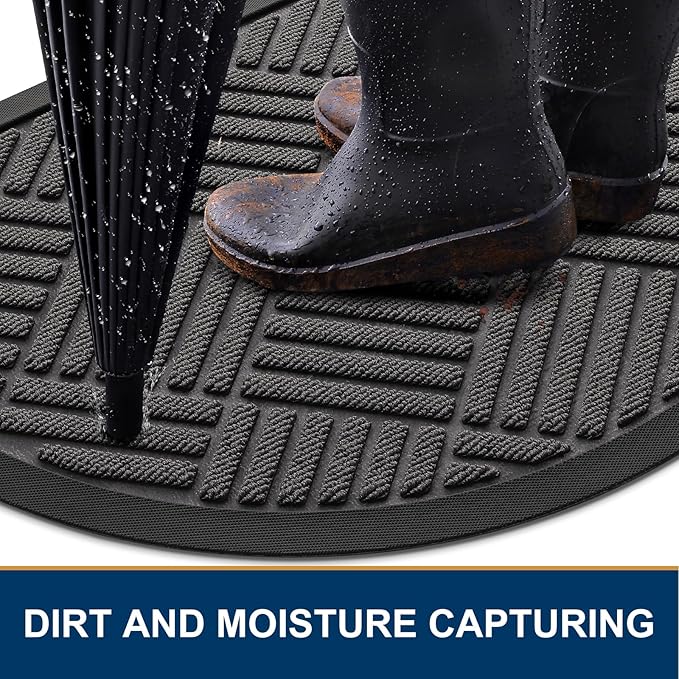 Smiry Half Circle Front Door Mat Outside Entrance, Heavy Duty Outdoor Indoor Natural Rubber Doormat, Non Slip, Trap Dirt and Moisture, Easy Clean, Low Profile Patio Porch Entryway Mat, 29.5x17, Grey