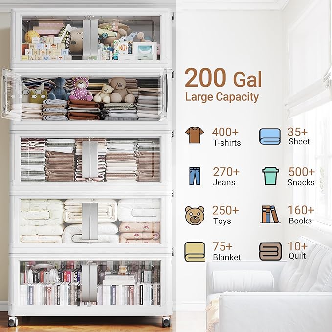 BROVIEW 800QT Stackable Storage Bins with Lids, 200Gal Extra Large Collapsible Storage Box with Wheel, Plastic Storages with Clear Door Open Front for Home Kitchen Garage, White-5pack(5 lids)