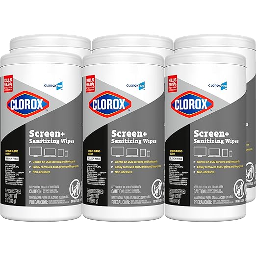 CloroxPro Clorox Screen+ Sanitizing Wipes, Bleach Free Cleaning Wipes, Citrus Blend Scent, 75 Count, Pack of 6