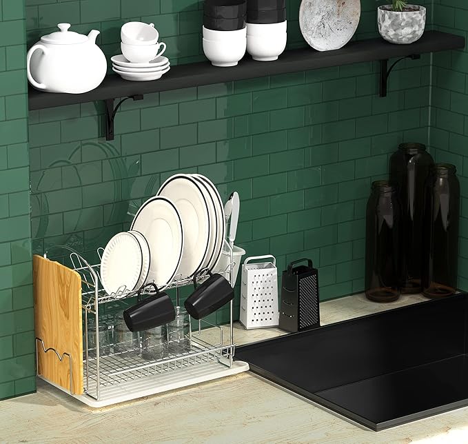 Simple Houseware 2-Tier Stainless Steel Dish Rack with Drainboard, Chrome for Kitchen