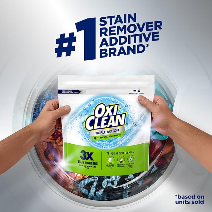 OxiClean Triple Action Free Versatile Stain Remover Powder, Use with Detergent, No Fragrance, No Dyes, No Phosphates, No Chlorine, Removes Stains, Brightens Colors and Whites, 4 lbs