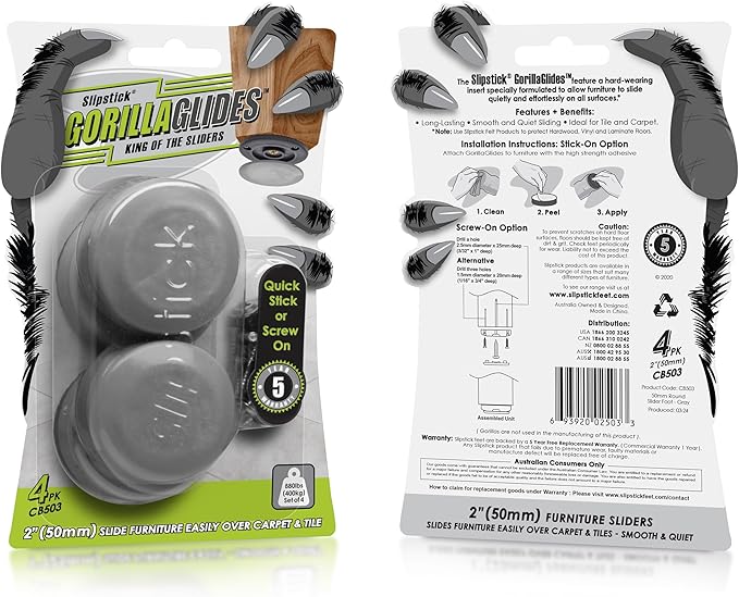 GorillaGlides CB503 2 Inch Furniture Sliders/Screw On Glide Floor Protectors (Set of 4 Glides) Large Furniture Feet Glides for Carpet and Hard Surface Sliding, Round