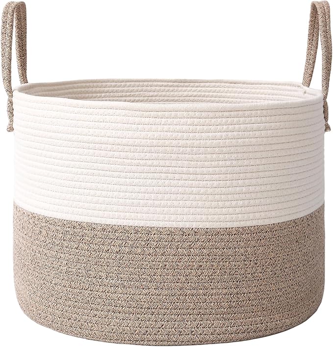 Woven Blanket Basket,65L Large Rope Storage Bin with Handles, Organizer for Blankets Toys Book and Clothes, Laundry Basket for Living Room Bedroom Nursery,White&Brown