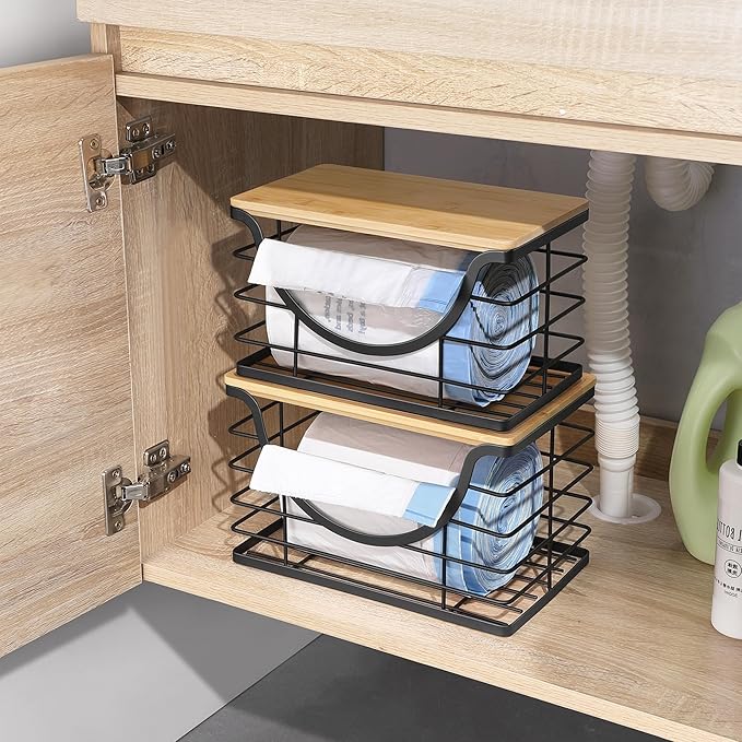 Extra Large Trash Bag Holder Under Sink 2 Pack Stackable Kitchen Storage with Bamboo Lid, Garbage Bag Dispenser Roll Holder, Pantry Organizers Wall Mounted Laundry Room Organization Storage