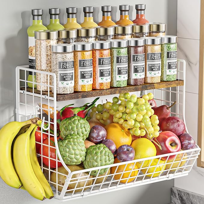 Magnetic Shelf for Fridge with Wood Lid, Fruit Potato and Onion Storage Bins, Pantry Organizers and Storage, Strong Magnetic Spice Rack for Refrigerator, Kitchen Counter and Laundry Room (Large)