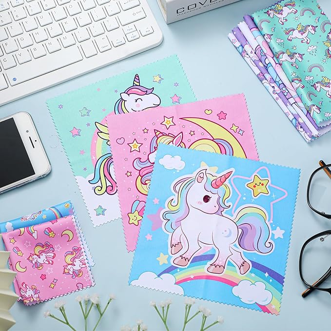 Sinmoe 20 Pcs Microfiber Cleaning Cloth Cute Unicorn Design Microfiber Soft Multicolor Glasses Cleaner Cloth for Eyeglasses Camera Lens Cell Phone Screens Glasses, 6 x 6 Inches
