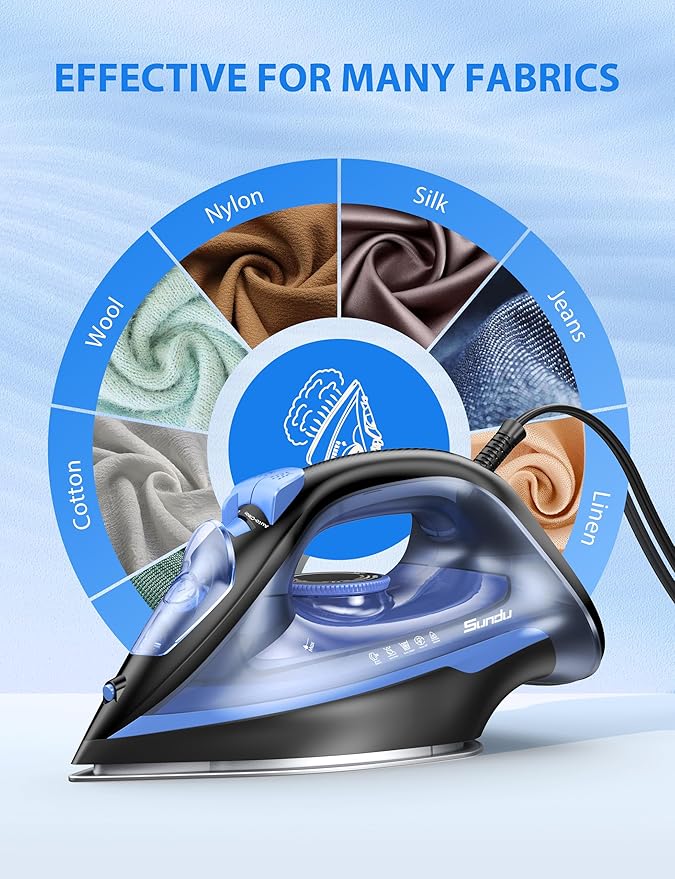 Sundu Steam Iron for Clothes with Rapid Heating Ceramic Coated Soleplate,1500W with Precise Thermostat Dial,Self-Cleaning, Auto-Off,11.84oz Water Tank for Home Clothes Ironing Use,0604C