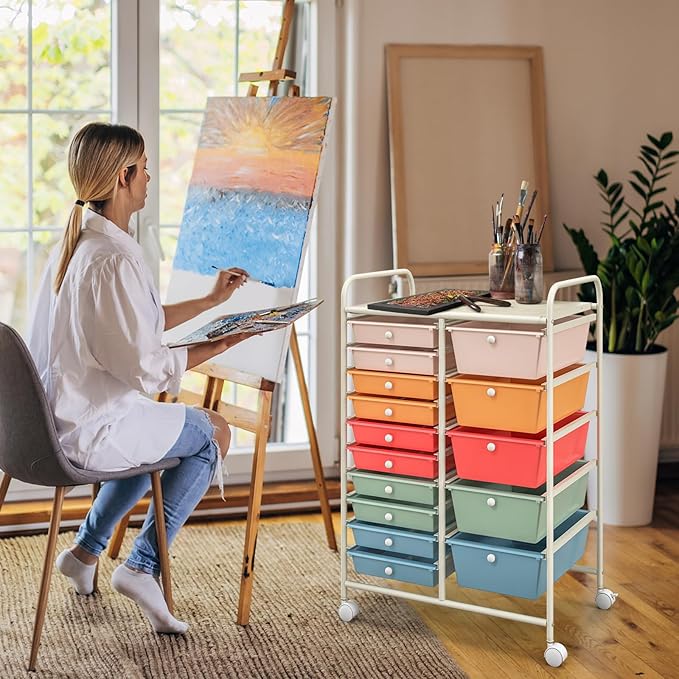 GOFLAME 15-Drawer Rolling Storage Cart, Multipurpose Movable Organizer, Utility Cart for Home, Office, School, Macaron Color