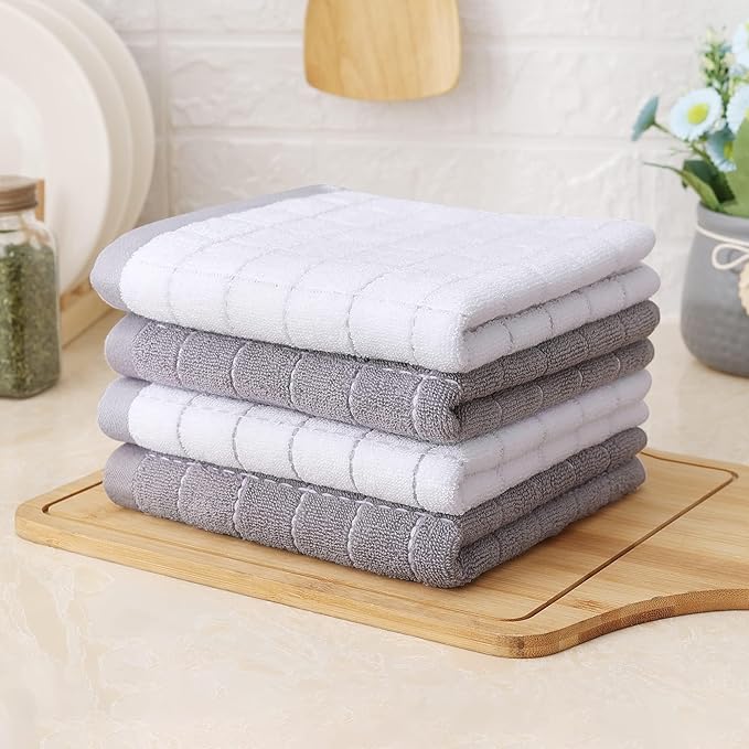 Homaxy 100% Cotton Terry Kitchen Towels(White and Light Grey, 13 x 28 Inches), Checkered Designed, Soft and Super Absorbent Dish Towels, 8 Pack
