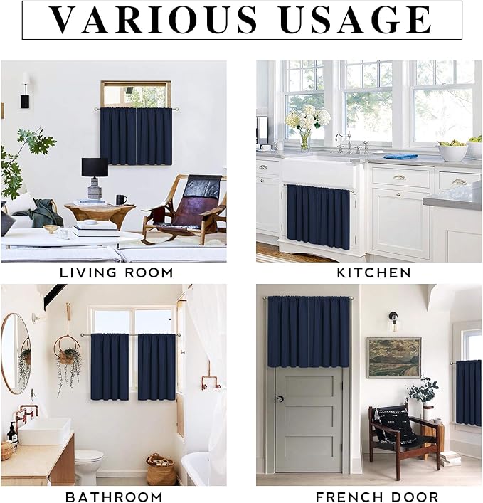 RYB HOME Short Curtains for Living Room Blackout Portable Blinds Shades for Bedroom Bathroom Basement Garage RV Camper Windows, 34 inches Width x 36 inches Length, Navy Blue, 2 Pcs