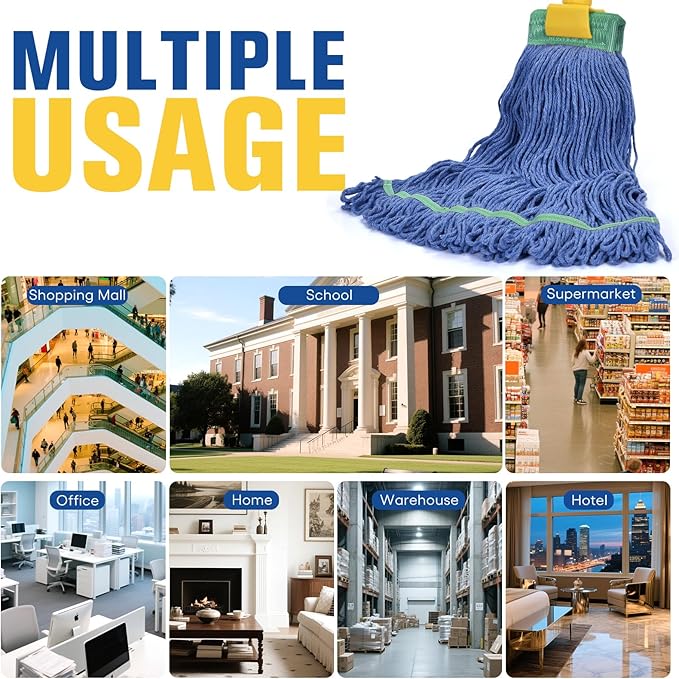 Matthew Cleaning Commercial Mop Head Replacement, 5 Inch Wide Headband, Looped End Cotton Blend String Wet Mops for Floor Cleaning, 28 oz Extra Large, 6-Pack Blue