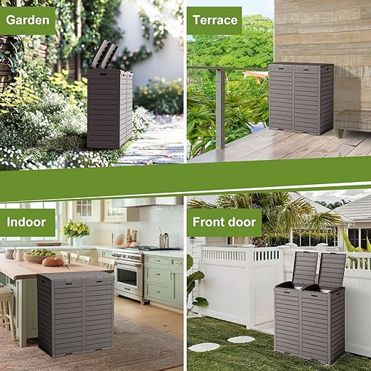 62 Gallon Outdoor Trash Can with Tiered Lid and Drip Tray,Waterproof Resin Waste Bin Indoor,Durable,Stylish,Lightweight Garbage Bin for Patio,Kitchen,Backyard and Office(Grey)