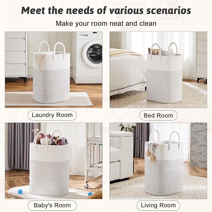 Laundry Basket,Woven Cotton Rope Laundry Hamper,Versatile Storage for Dirty Clothes,Baby Toys,and Blankets in Bathroom, Nursery,and Living Room (White, 60L)