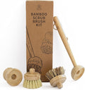 Cactus Cradle Bamboo Scrub Brush Kit – 4-Piece Dish Brush Set with 2 Handles & 2 Interchangeable Heads | Plastic-Free, Non-Toxic, Non-Scratch Cleaning for Dishes, Pots, Pans & Produce