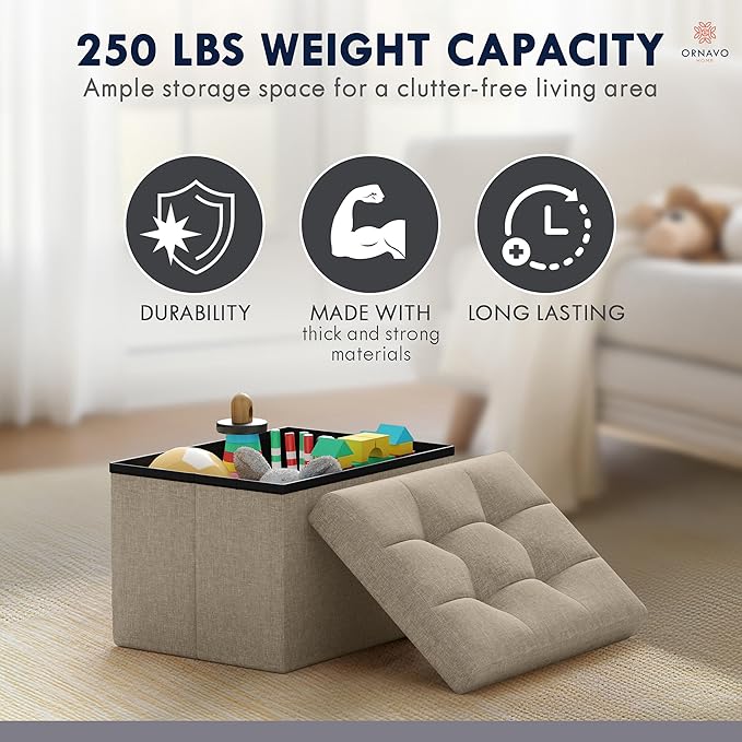 Ornavo Home Small Storage Ottoman, Set of 2, Foldable Collapsible Rectangle Linen Ottoman Foot Rest Stool Seat, for Living Room, Bedroom, Home Office, Dorm - 12 x 16 x 12, Taupe