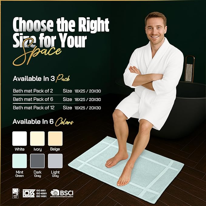 Pearl Linens Pack of 2 100% Cotton Bath Mat 18x25 inches, Soft & Absorbent Quick Dry Bathroom Mat Set, Not Bathroom Rugs, After Shower Mat, Bath Tub Mat, 687 GSM, Machine Washable, Mint Green