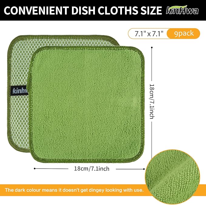KinHwa Kitchen Washcloths for Dishes Absorbent Microfiber Dish Cloths Quick Dry Dish Rags with Poly Scour Scrub Side Ideal for Kitchen Cleaning (Green, 7inchx7inch 9 Pack)
