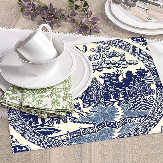 Dish Drying Mat For Kitchen Counter Absorbent Dish Mat Reversible Drainer Drying Kitchen Mat (Oriental Style Chinese Blue Willow, 16"x18")