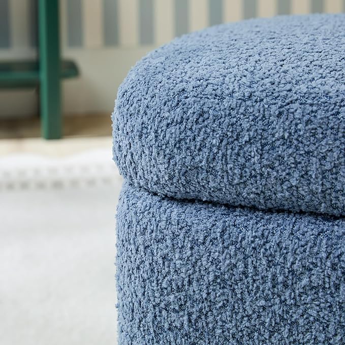 Walker Edison Linley Contemporary Small Storage Bouclé Ottoman with Wood Legs, Soft Blue