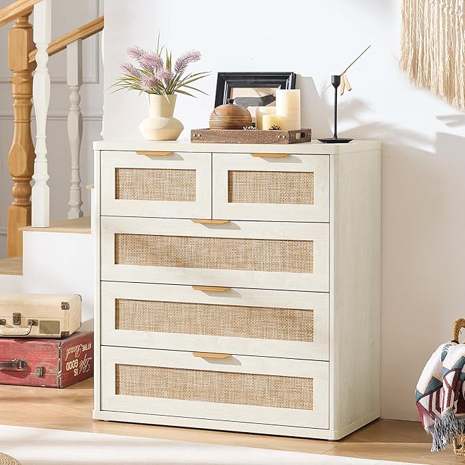LEYAOYAO White Dresser for Bedroom, 33.5" Tall Chest of Drawers, Modern 5 Drawers Boho Rattan Dressers with Storage, Dresser Wooden Closet Organizer for Living Room, Hallway