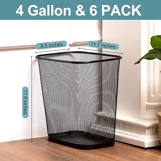 Nuanchu 6 Pcs Mesh Square Trash Cans 4 Gallons Wire Wastebasket for Home Black Metal Office Garbage Cans Rectangular Trash Bin for Kitchen Bathroom Bedroom, 11.7 x 8.5 x 11.8 Inch (Black)