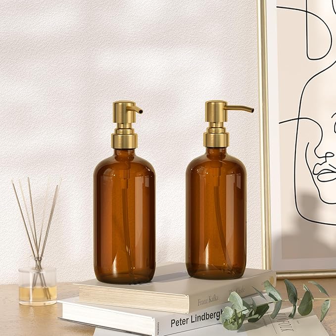AmazerBath Amber Glass Soap Dispenser, 2 Pack Vintage Brown Bottle with Stainless Steel Pump,17 Oz Hand Dish Soap Dispenser Bottle, Modern Soap Dispensers for Bathroom Kitchen