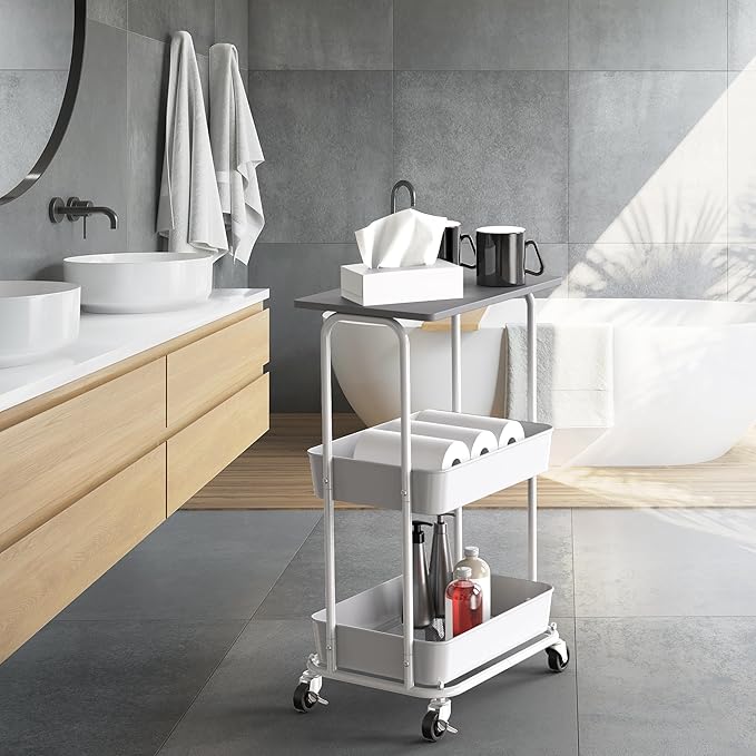 Simple Houseware 2-Tier Rolling Utility Cart with Lockable Wheels and Wood Top, Metal Storage Organizer Trolley for Kitchen, Bathroom, Office, Craft Room, Grey