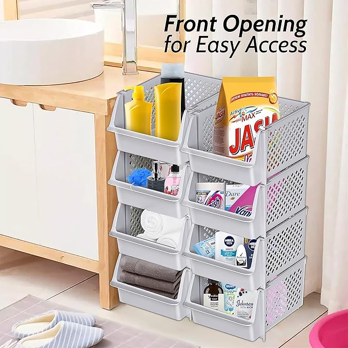 Skywin TidyFriend Stackable Storage Bins for Closet Organizers and Storage 12 Pack, Closet Organization for Kids Room and Home Organization (Light Grey)