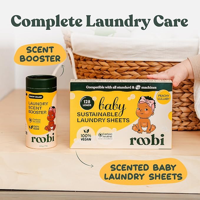 Roobi Baby Laundry Scent Booster. Peachy Lullaby Fragrance Beads. Specially Formulated for Baby's Sensitive Skin. Up to 20 Washing Cycles. Carbon Neutral, 100% Vegan.