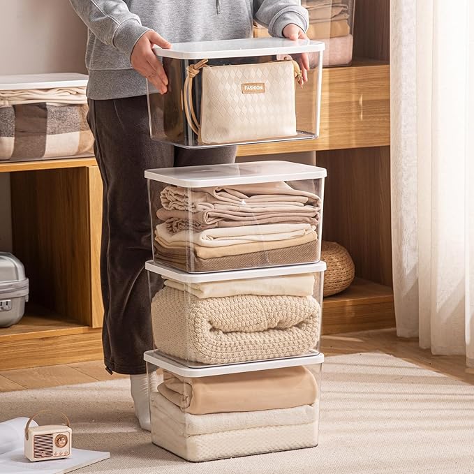 4-Piece Set,Plastic Storage Bin with Lid,Large Storage Containers,Stackable Lidded Storage Boxes for Cabinets, Clothes, Toys, Books (clear 4XL(with wihte lid))