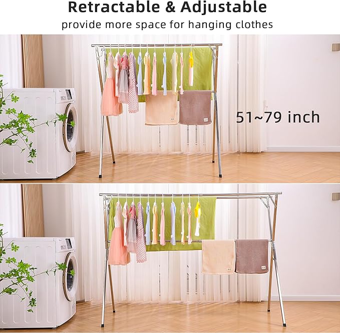 funest Drying Rack Clothing, 79 Inches Adjustble & Foldable Laundry Drying Rack, Heavy Duty Stainless Steel Clothes Drying Rack with 20 Hooks, 12 Clips, Suitable for Indoor, Outdoor and Balcony