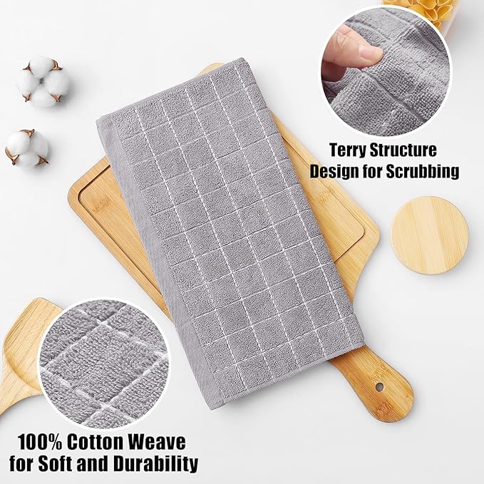 Homaxy 100% Cotton Terry Kitchen Towels(Light Grey, 13 x 28 inches), Checkered Designed, Soft and Super Absorbent Dish Towels, 12 Pack