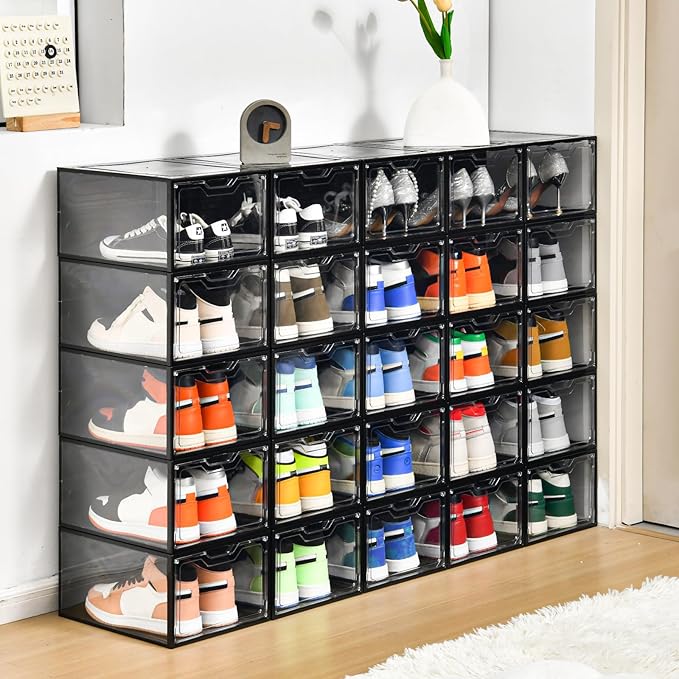 12 Pack Stackable Shoe Storage Organizer with Magnetic Door, Shoe Boxes Clear Black Plastic for Closet, Shoe Rack for Sneaker Boot Container, Shoe Cabinet Fit up to US Size 12