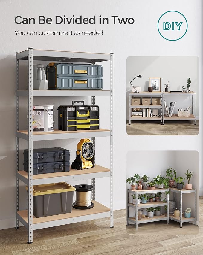 SONGMICS 5-Tier Storage Shelves, Load 2310 lb, Set of 2 Garage Storage, Boltless Assembly, Adjustable Shelving Unit, 17.7 x 35.4 x 70.9 Inches, for Study Shed Basement, Silver UGLR450E02