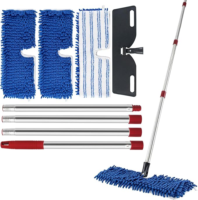 Microfiber Dust Mop for Hardwood Floors, Flat Mops for Floor Cleaning, Double-Sided Flip Mops with 58''Stainless Steel Mop Handle and Extra 3 Reusable Microfiber Mop Pads, Use Wet and Dry