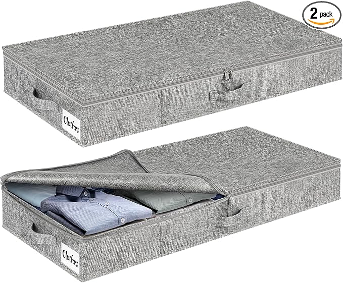 Under Bed Storage Container Bins 2 Pack, 5 Inch Thin Low Profile Underbed Clothes Storage Organizer for Dorm & Home, Use for Blanket and Toy Storage Box W/ Sturdy Bottom/Sides, Foldable Thick Fabric