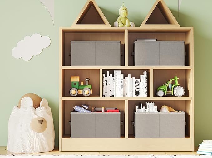 3 Pack Fabric Storage Bins for Shelves | 16.25x12x10in Closet Storage Baskets | Collapsible Storage Bins |Fabric Closet Organizers with Handles | Grey