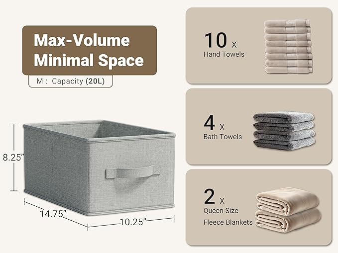 3 Pack Fabric Storage Bins for Shelves | 14.75x10.25x8.25 in Storage Baskets | Fabric Closet Organizers with Handles Home Organization | Linen Clothes Storage Bins | Light Gray