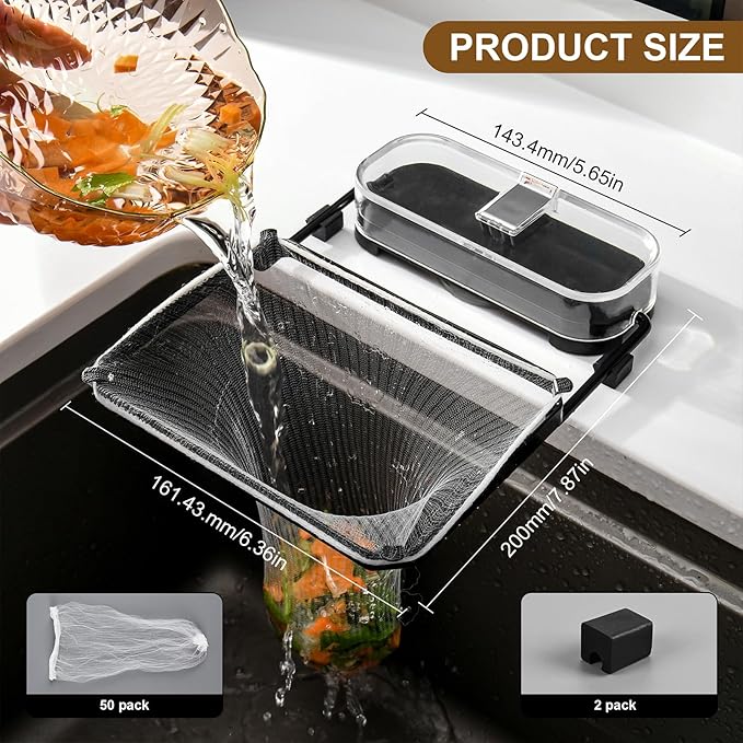 Kitchen Sink Drain Strainer Basket Holder - 50 Mesh Net Bags for Food Scraps, Kitchen Sink Food Catcher & Garbage Disposal Strainer (black)