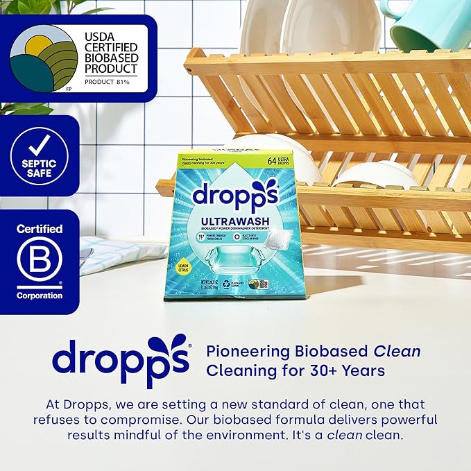 Dropps UltraWash Dishwasher Pods, Fresh Rain (120 Count) - Biobased Power Deep Clean Dishwasher Detergent Tablets for Sparkling Shiny Dishes - No Rinse Aid or Pre-Wash Needed - Dishwashing Pods