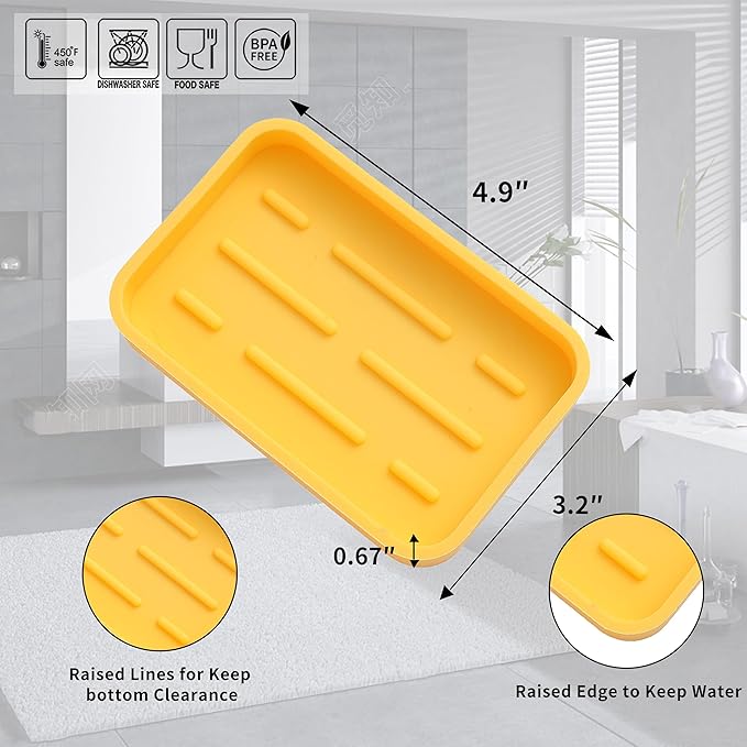 Silicone Kitchen Sink Organizer Tray for Multiple Usage,Easy Clean Sponges Holder for Kitchen Bathroom Counter or Sink,Dish Soap Dispenser,Scrubber,Bottle,Cup Yellow 4.9”x 3.2”