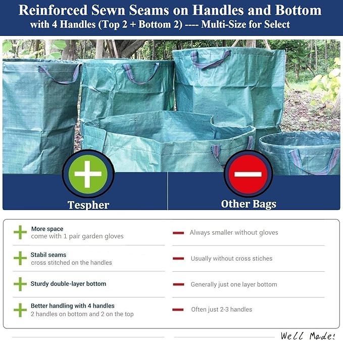 Professional 3-Pack 137 Gallon Lawn Garden Bags (D34, H34 inches) Big Yard Waste Bags with Garden Gloves, Extra Large Reusable Leaf Bags,Garden Clippings Bag,Leaf Container,Yard Trash Bags 4 Handles
